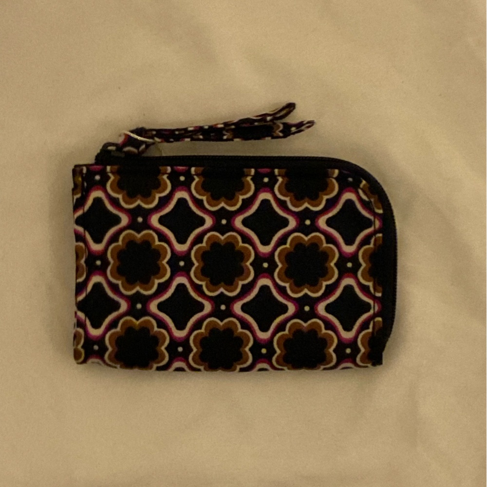 Vera Bradley Black Floral Geometric Zip Wallet with Pink and Brown Accents